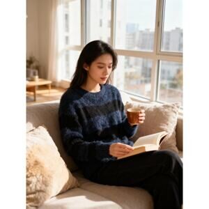 L'Agence Blue & Black Stripe Chenille Eyelash Detail Sweater Size XS